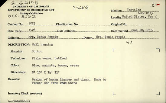 Documentation associated with Hearst Museum object titled Hanging, accession number 2-62108, described as Cotton wall hanging in plain weave, batiked. Blue, magenta, borwn and cream coloration with design of human figures and a tiger.