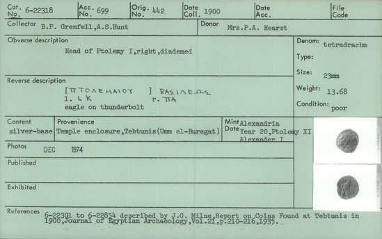 Documentation associated with Hearst Museum object titled Coin: billon tetradrachm, accession number 6-22318, described as Coin, silver base. Diameter 23 mm. Weight 13.68 grams. Condition poor. Denomination: silver base tetradrachm. Obverse description: Head of Ptolemy I, facing right, diademed. Reverse description: [inscription] Eagle on thunderbolt. Mint date: Alexandria, year 20, reign of Ptolemy XI, Alexander I.