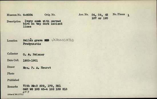 Documentation associated with Hearst Museum object titled Comb, accession number 6-6034, described as Ivory comb with carved bird on top, dark incised lines