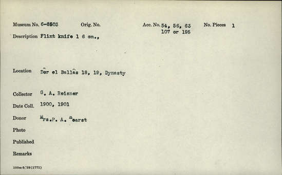 Documentation associated with Hearst Museum object titled Knife, accession number 6-8503, described as Flint knife, Length 6 cm.