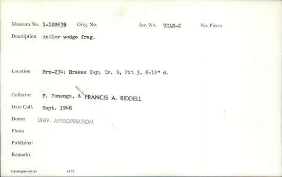 Documentation associated with Hearst Museum object titled Wedge fragment, accession number 1-100639, described as Antler.