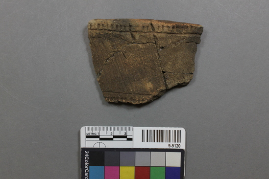 Hearst Museum object titled Potsherd, accession number 9-5120, described as Final Jomon rim potsherd, Angyo I type