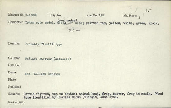 Documentation associated with Hearst Museum object titled Totem pole model, accession number 2-16669, described as Red cedar; painted red, yellow, white, green, and black. Carved figures, top to bottom: animal head, frog, beaver, frog in mouth. Wood type identified by Charles Brown, June 1964.