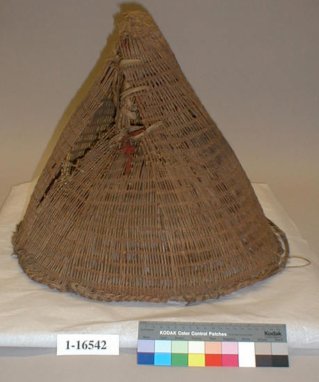 Hearst Museum object titled Burden basket, accession number 1-16542, described as Openwork basket; twined Warp is willow (Salix), weft is gray pine (Pinus sabiniana). Medium size, openwork. One side is totally collapsed; has been smashed. Partly held together by strips of cloth. Extremely fragile. Plain twined; top three rows tightly woven. Warp ends braided to form rim. A hoop is tied to rim with 2 types of cordage and lashed with buckskin thongs and what appear to be shoelaces.