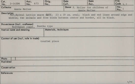 Documentation associated with Hearst Museum object titled Mat, accession number 2-14306, described as Spiral lattice weave; black and red lines around edge and middle; two animals and five birds between center and border, all in black.  Oval-shaped.
