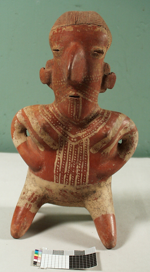 Hearst Museum object titled Figurine, accession number 3-3661, described as Red pottery effigy painted white, representing woman with armlets; legs broken off