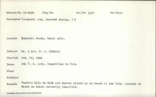 Documentation associated with Hearst Museum object titled Potsherd, accession number 16-8132, described as Potsherd; rim, incised design, (?) Numbers  8111 to 8194 are sherds picked up on beach at low tide.Section of Manta on beach currently inhabited.