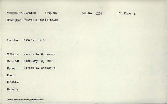 Documentation associated with Hearst Museum object titled Shell beads, accession number 2-30406, described as Olivella shell beads