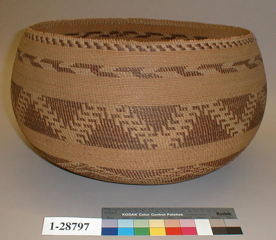 Hearst Museum object titled Basket, accession number 1-28797, described as Twined. Lattice. Brown design in encircling bands, not overlay.