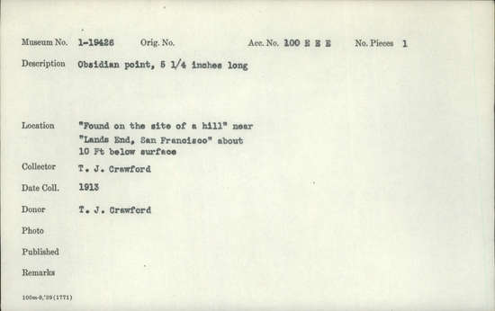 Documentation associated with Hearst Museum object titled Point, accession number 1-19426, described as Obsidian point.