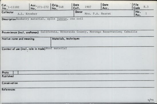 Documentation associated with Hearst Museum object titled Basket, accession number 1-11002, described as Flat.