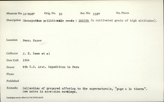 Documentation associated with Hearst Museum object titled Organic material, accession number 16-8087, described as Conopoduim pallidicaule seeds