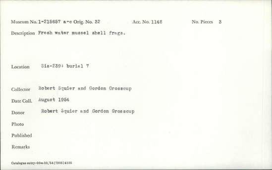 Documentation associated with Hearst Museum object titled Shell fragments, accession number 1-215657a-c, described as Freshwater mussel.