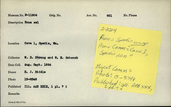 Documentation associated with Hearst Museum object titled Awl, accession number 2-11204, described as Bone