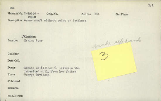 Documentation associated with Hearst Museum object titled Arrow, accession number 2-19397, described as Arrow shaft without feathers or point.