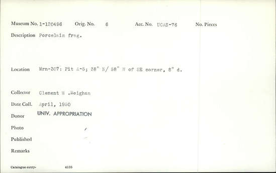 Documentation associated with Hearst Museum object titled Porcelain fragment, accession number 1-120496, described as Porcelain fragment. Notice: Image restricted due to its potentially sensitive nature. Contact Museum to request access.