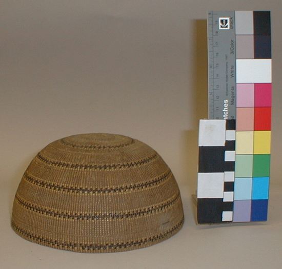 Hearst Museum object titled Cap, accession number 1-11678, described as Hat; twined. Warp is Hazel (Corylus cornuta californica), weft is Sugar pine root (Pinus lambertiana). White pattern is Beargrass (Xerophyllum tenax). Black pattern is Maidenhair fern (Adiantum pedatum). Basketry cap. Woman's. Old and grimy.  Plain twined. Start and 2 single rows defining design zones are in 3 strand twining. Single faced overlay. Horizontal stripes of maidenhair fern bordered with white grass.