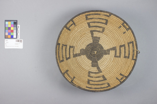 Hearst Museum object 3 of 3 titled Basket, accession number 2-13994, described as Coiled shallow basket, black design.