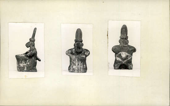 Documentation associated with Hearst Museum object titled Figurine, accession number 3-3596, described as Red pottery effigy of man playing drum