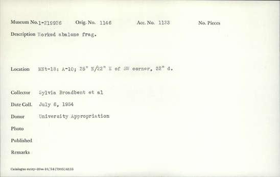 Documentation associated with Hearst Museum object titled Shell fragment, accession number 1-219926, described as Worked.