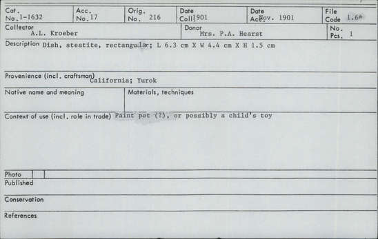 Documentation associated with Hearst Museum object titled Dish, accession number 1-1632, described as Steatite, rectangular dish. Paint pot or possibly a child's toy.