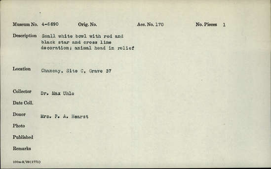 Documentation associated with Hearst Museum object titled Bowl: re, accession number 4-6690, no description available.