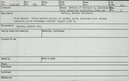 Documentation associated with Hearst Museum object titled Spear, accession number 2-19356, described as Three barbed points on wooden shaft, attached with sinew, terminal point missing.