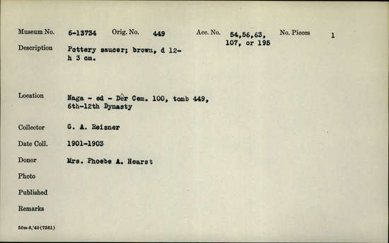 Documentation associated with Hearst Museum object titled Saucer, accession number 6-13734, described as Pottery saucer; brown, d 12- h 3 cm.