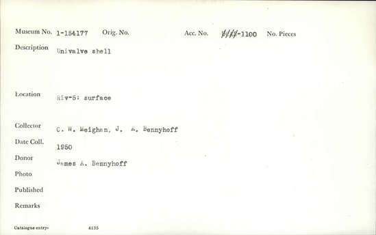 Documentation associated with Hearst Museum object titled Univalve shell, accession number 1-154177, described as Univalve shell