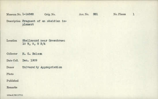 Documentation associated with Hearst Museum object titled Implement fragment, accession number 1-14868, described as Obsidian. Notice: Image restricted due to its potentially sensitive nature. Contact Museum to request access.