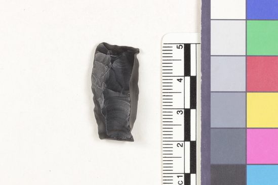 Hearst Museum object 1 of 2 titled Flake fragment, accession number 16-14381, described as Projectile point fragment; obsidian; triangular; weight: 3.31 grams; length: 1.5 cm; width: 3.0 cm; depth: 0.64 cm.