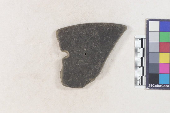 Hearst Museum object 2 of 2 titled Potsherd, accession number 16-8118, described as Potsherd: rim drilled suspension hole, burnished zigzag design. Section of Manta on beach currently inhabited. Numbers  8111 to 8194 are sherds picked up on beach at low tide.