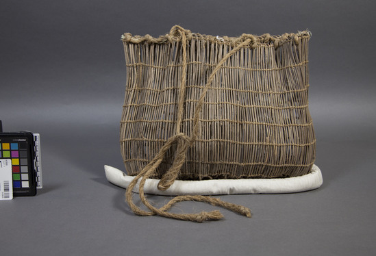 Hearst Museum object titled Basket, accession number 9-23035, described as Japanese basket woven from unidentified organic material, possibly rice straw ("wara") "wefts" and cord. Notice: Image restricted due to its potentially sensitive nature. Contact Museum to request access.