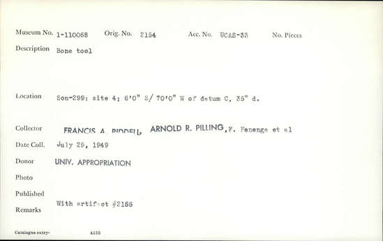 Documentation associated with Hearst Museum object titled Worked bone, accession number 1-110068, described as Bone.