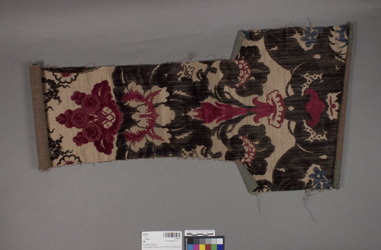 Hearst Museum object titled Textile, accession number 2-62531, described as Strip; cotton, rayon or silk?, cut and uncut pile on twill weave, voided velvet, floral and foliage motives, same as 779, 780, 781, and 782