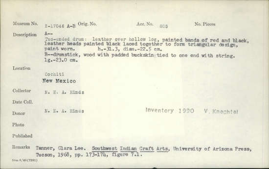 Documentation associated with Hearst Museum object titled Drum and drumstick, accession number 2-17046a,b, described as a) Two-ended drum.  Leather over hollow log, painted bands of red and black, leather heads painted black laced together to form triangular design, paint worn.  b) Drumstick, wood with padded buckskin tied to one end with string.