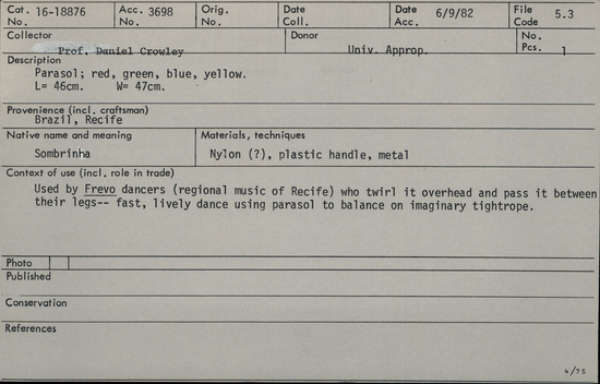 Documentation associated with Hearst Museum object titled Umbrella, accession number 16-18876, no description available.