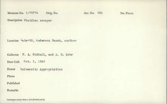Documentation associated with Hearst Museum object titled Scraper, accession number 1-78774, described as Obsidian.