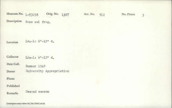 Documentation associated with Hearst Museum object titled Awl fragments, accession number 1-93058, described as Bone awl frag.