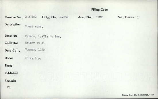 Documentation associated with Hearst Museum object titled Core, accession number 2-37382, described as Chert core
