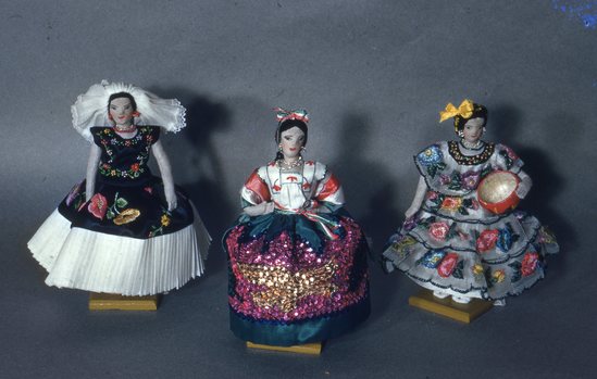 Hearst Museum object titled Color slide, accession number 25-23813, described as Costume Dolls. México , D.F, made to order. Height calculated 6 1/2 inches. Chiapaneca, China Pablana, Tehuana