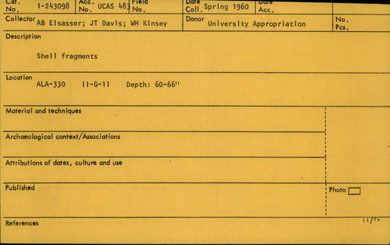 Documentation associated with Hearst Museum object titled Shell, accession number 1-243098, described as Shell fragments.