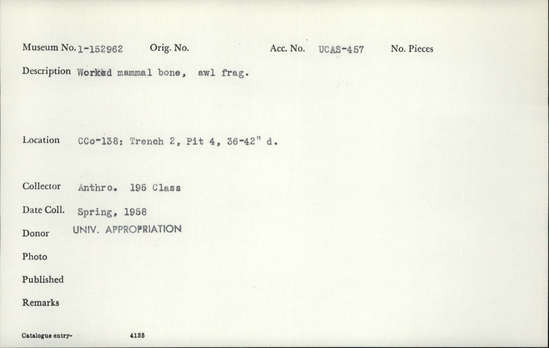 Documentation associated with Hearst Museum object titled Awl, accession number 1-152962, described as Worked mammal bone.