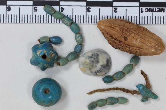 Hearst Museum object titled Beads, accession number 6-13422, described as Beads: blue glaze on original string, 1 blue pendant, 2 blue spherical, 1 shell, 1 nut. [inv.: 1 large seed bead, 1 shell, 1 hawk amulet (faience with original string), 2 large ball beads (faience), 15+ cylinder beads (faience), piece count: 20+]