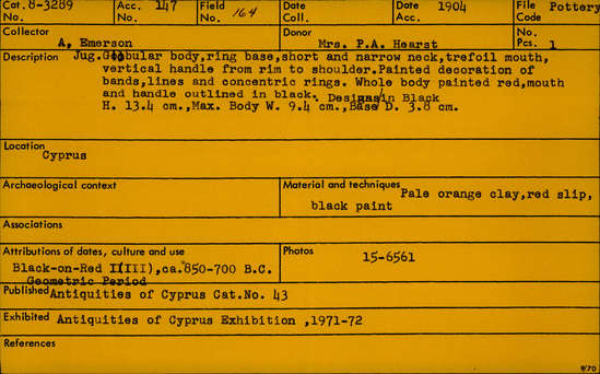 Documentation associated with Hearst Museum object titled Globular jug, accession number 8-3289, described as Jug. Globular body, ring base, short and narrow neck, trefoil mouth, vertical handle from rim to shoulder. Painted decoration of bands, lines and concentric rings. Whole body painted red, mouth and handle outlined in black. Designs in black.