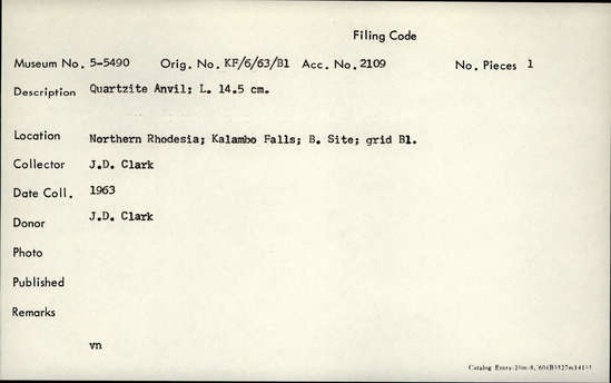 Documentation associated with Hearst Museum object titled Anvil, accession number 5-5490, described as Quartzite Anvil; L. 14.5 cm