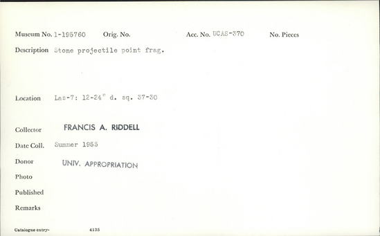 Documentation associated with Hearst Museum object titled Projectile point fragment, accession number 1-195760, described as Stone projectile point, fragment