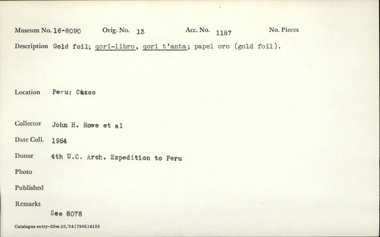 Documentation associated with Hearst Museum object titled Organic material, accession number 16-8090, described as Gold foil