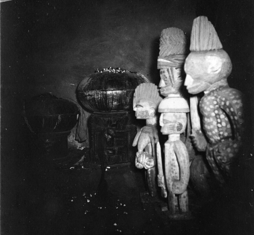 Hearst Museum object titled Black-and-white negative, accession number 15-31819, described as Black-and-white negative, Nigeria, Oyo (Koso?), Shango shrine, 1951