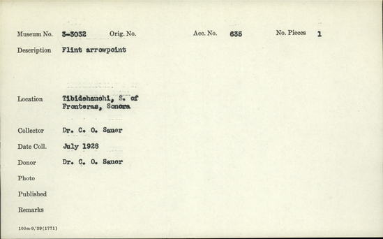 Documentation associated with Hearst Museum object titled Projectile point, accession number 3-3032, described as Flint arrowpoints